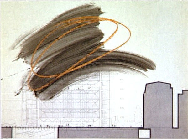 Carl Fredrik Reuterswrd, Haloes of laser light on smoke screen over Centre Pompidou, 1972-1973