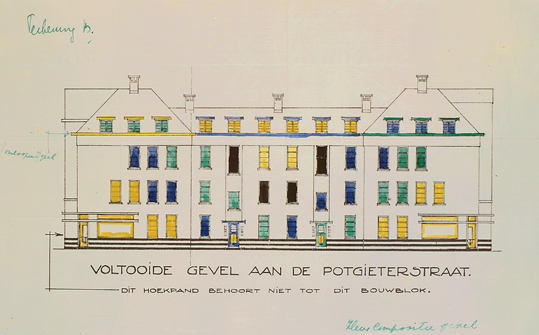 Theo Van Doesburg (colour) and Jacobus Johannes Pieter Oud (architect), Project for a Workers’ Housing Complex (blocks VIII and IX) in Spangen, Rotterdam, 1920-1923. Theo Van Doesburg, preparatory drawing to colour the facade looking out onto Potgieterstraat on block VIII, 1921 