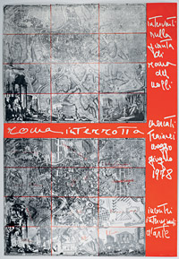 Affiche de l'exposition « Roma interrotta », organisée par les Rencontres internationales d'art de Rome, marchés de Trajan, Rome, mai-juin 1978